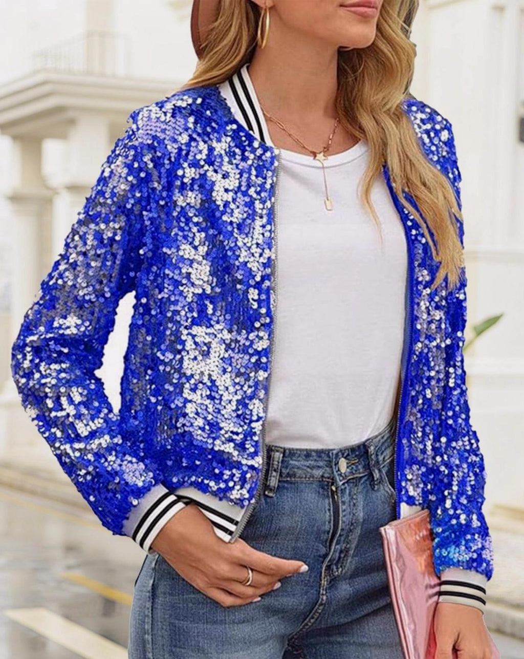 Varsity Stripe Sequin Bomber Jacket - Blue - 2