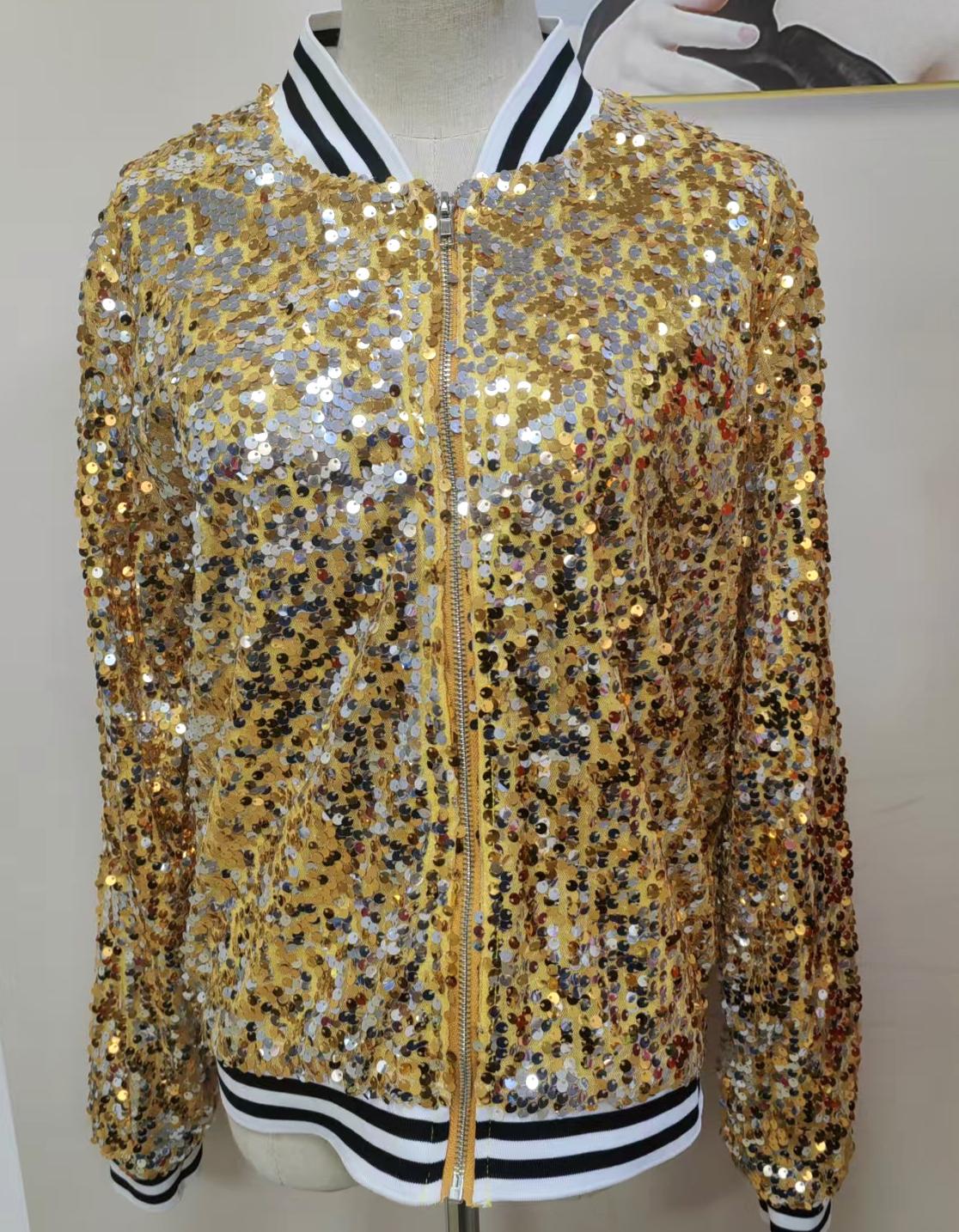 Varsity Stripe Sequin Bomber Jacket - Golden