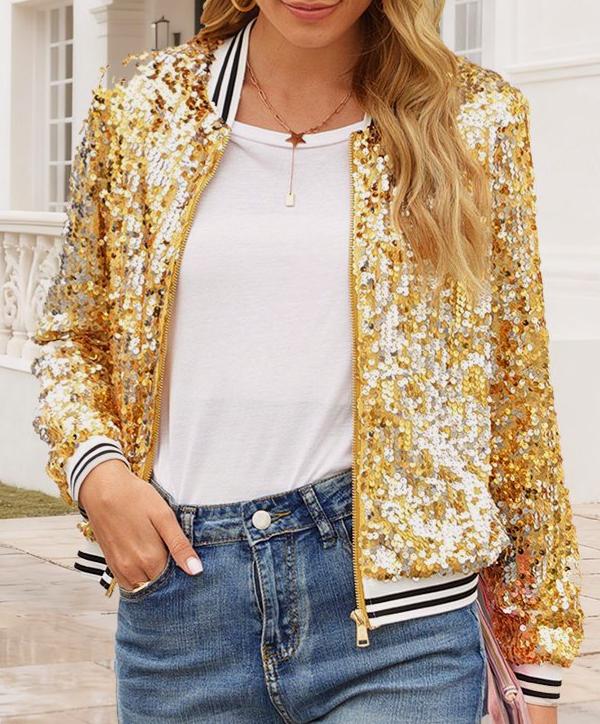 Varsity Stripe Sequin Bomber Jacket - Golden - 1