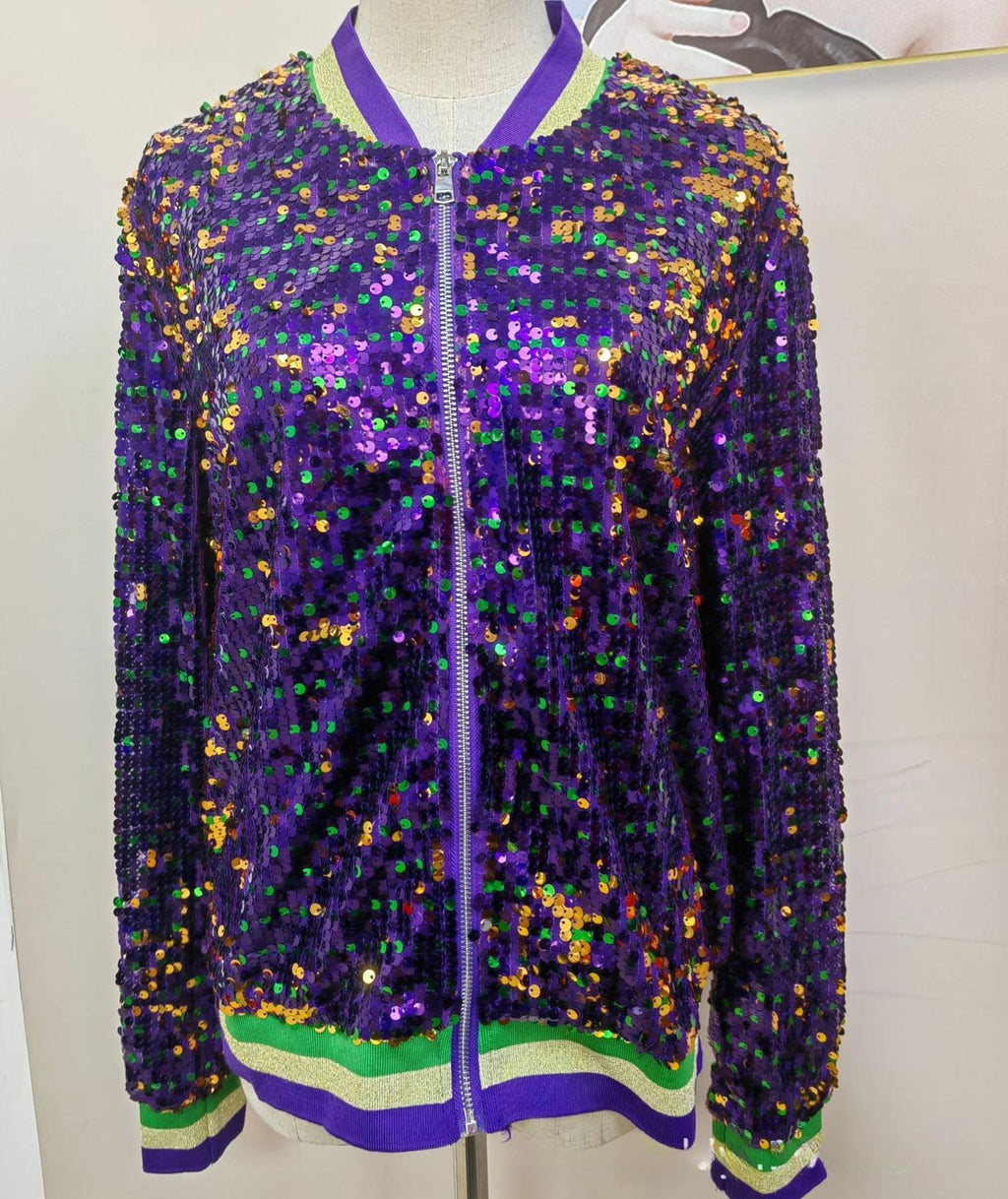 Varsity Stripe Sequin Bomber Jacket - MPurple