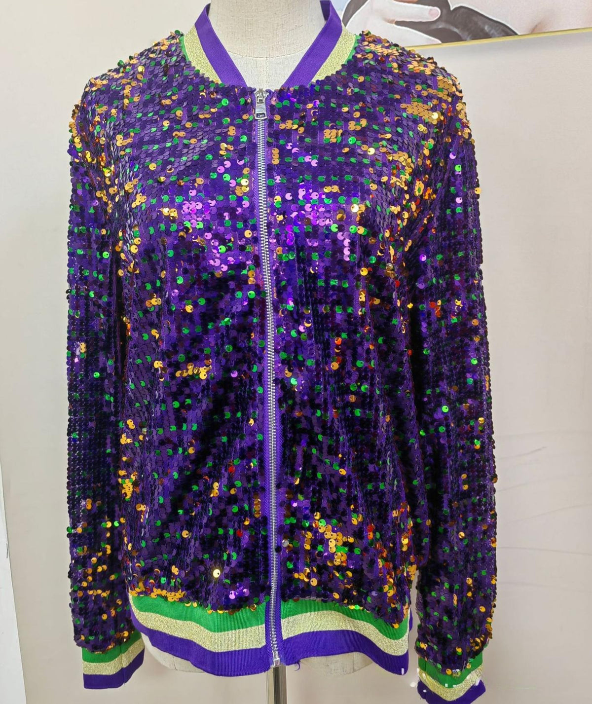 Varsity Stripe Sequin Bomber Jacket - MPurple