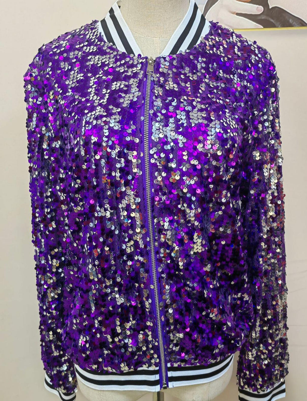 Varsity Stripe Sequin Bomber Jacket - Purple - 1