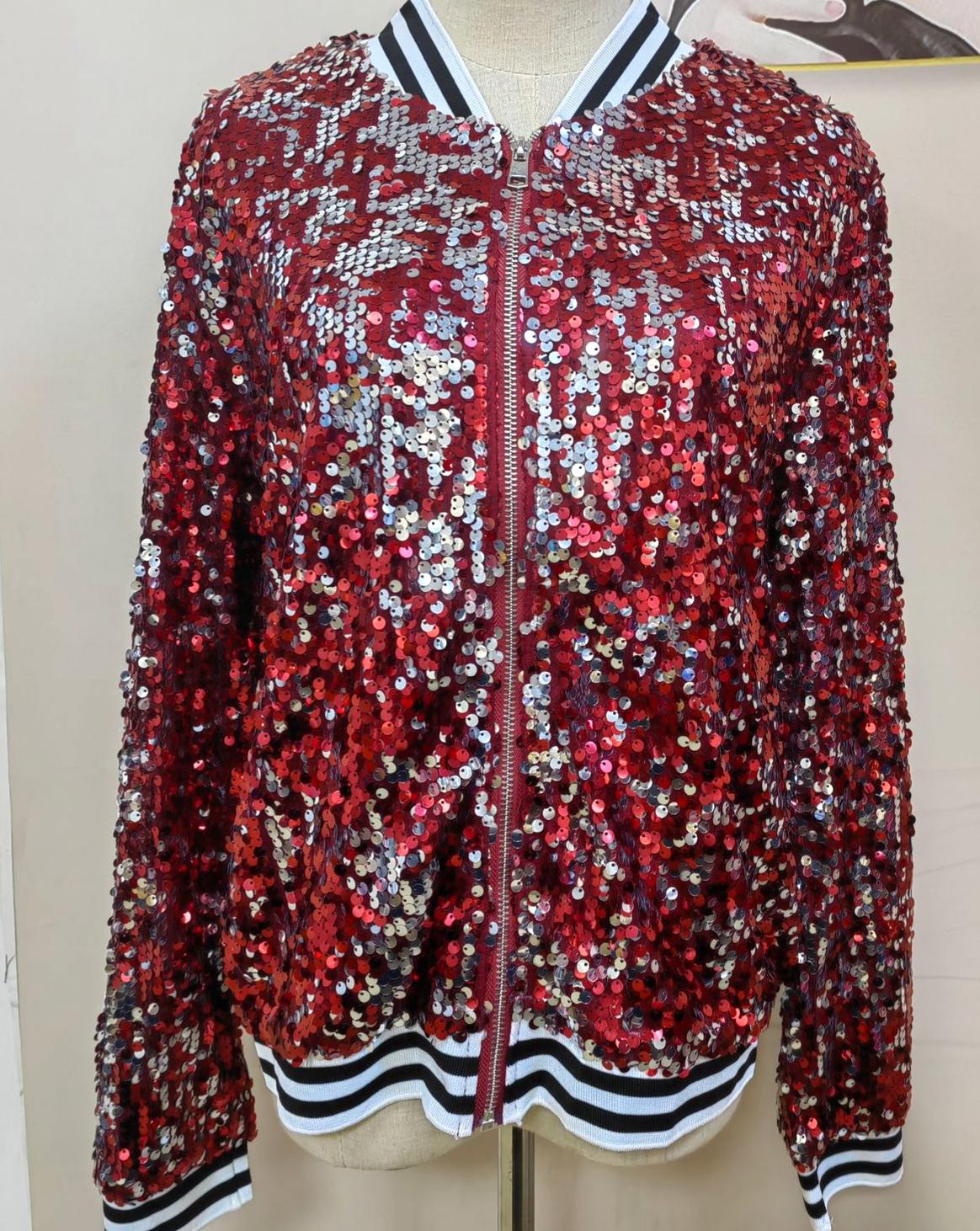 Varsity Stripe Sequin Bomber Jacket - Red