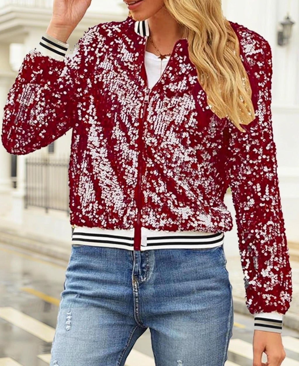 Varsity Stripe Sequin Bomber Jacket - Red - 1
