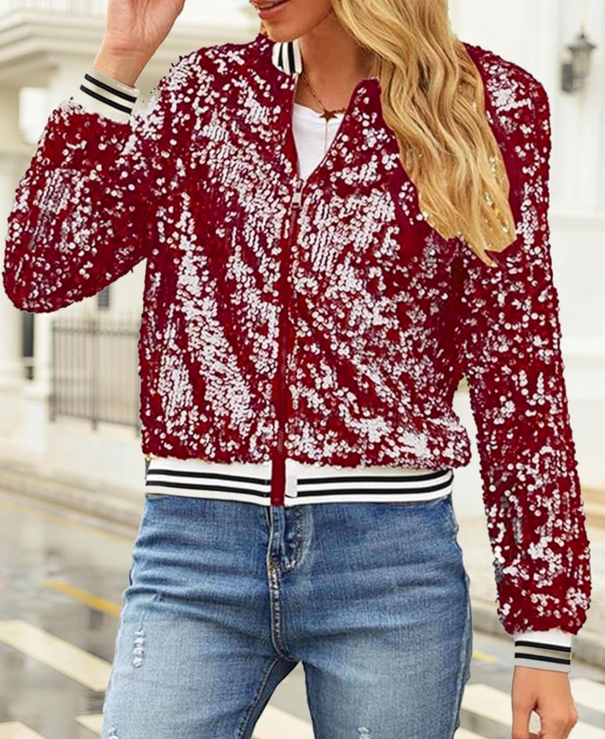 Varsity Stripe Sequin Bomber Jacket - Red - 1