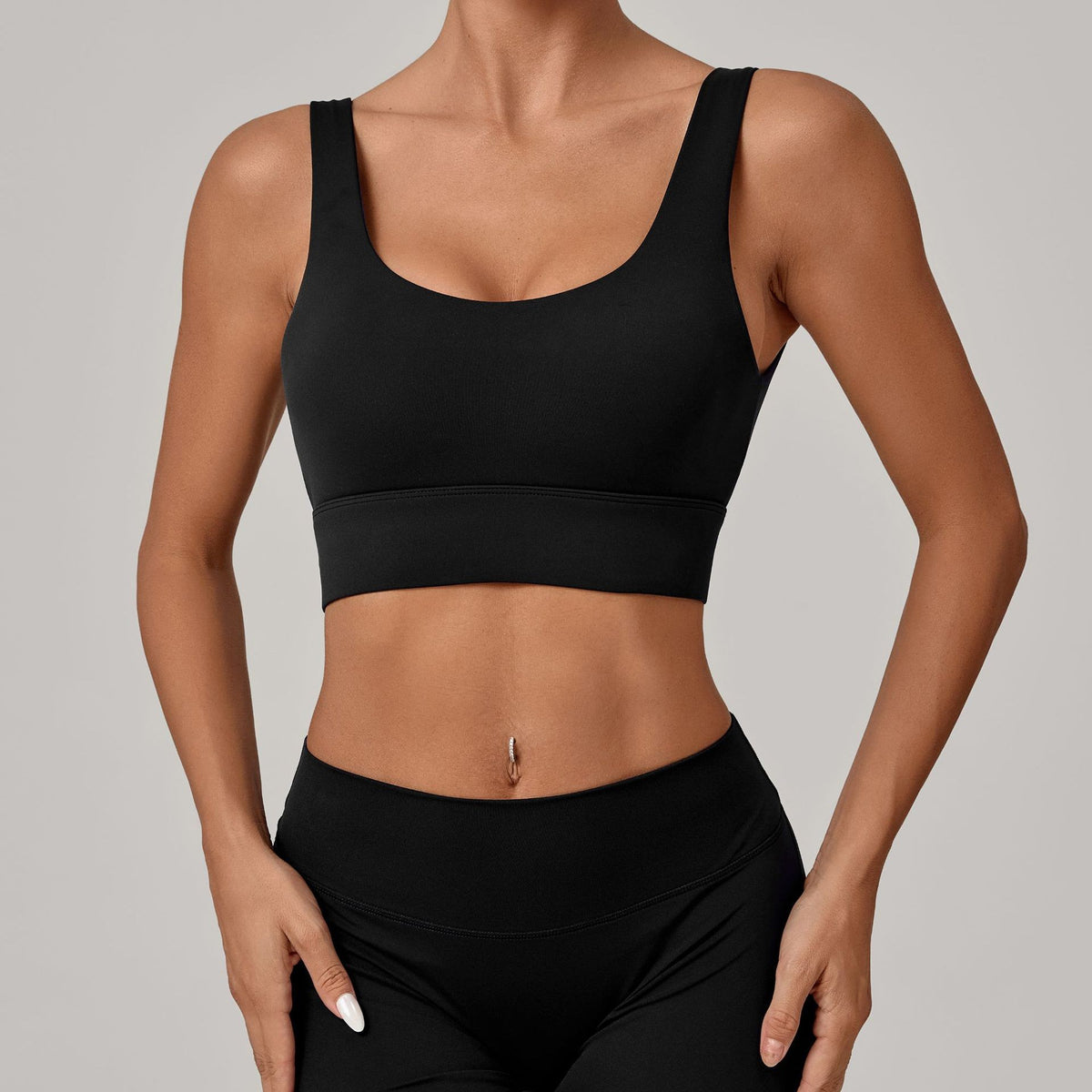 Deep U Back Wide Band Padded Yoga Sports Bra - Black