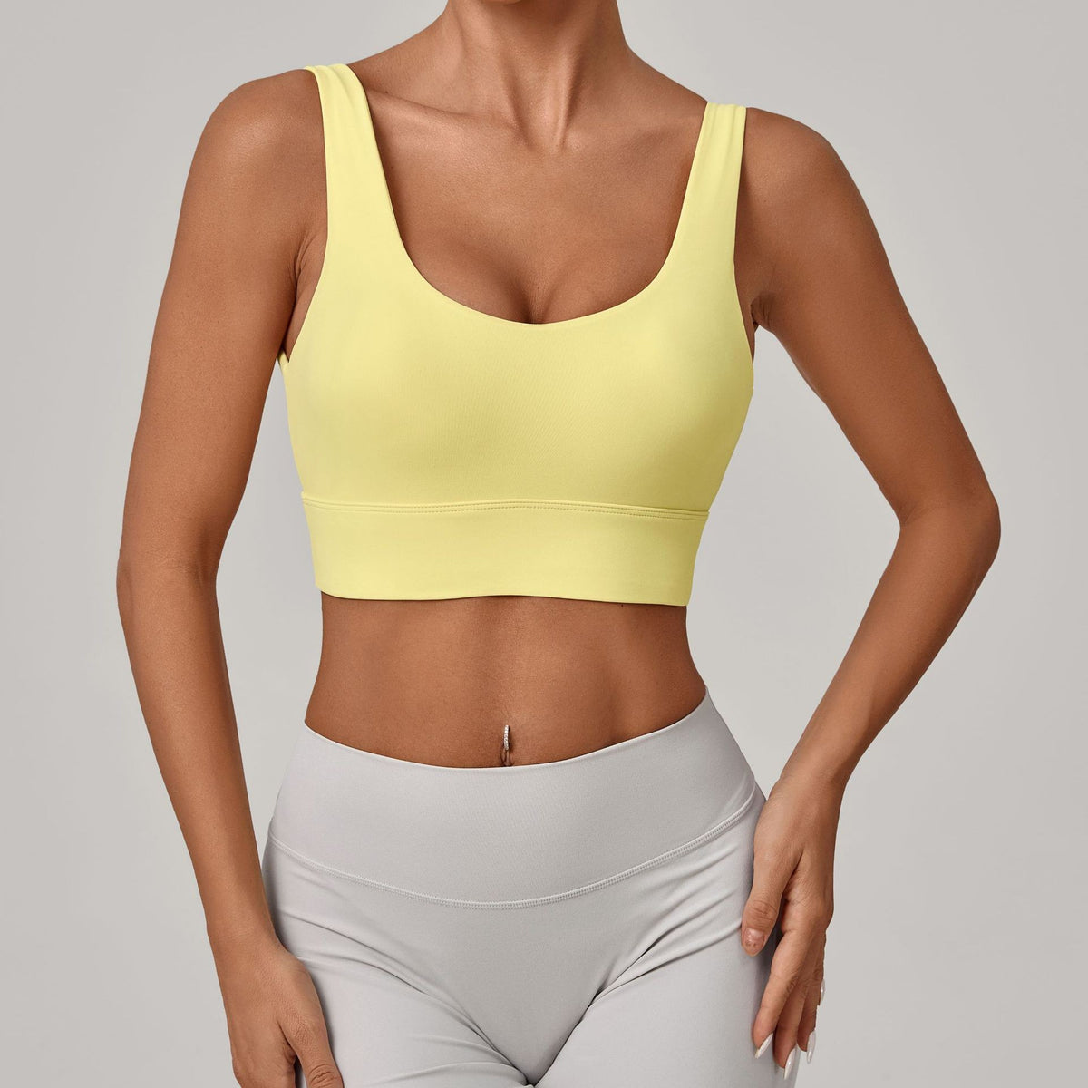 Deep U Back Wide Band Padded Yoga Sports Bra - Butter Yellow