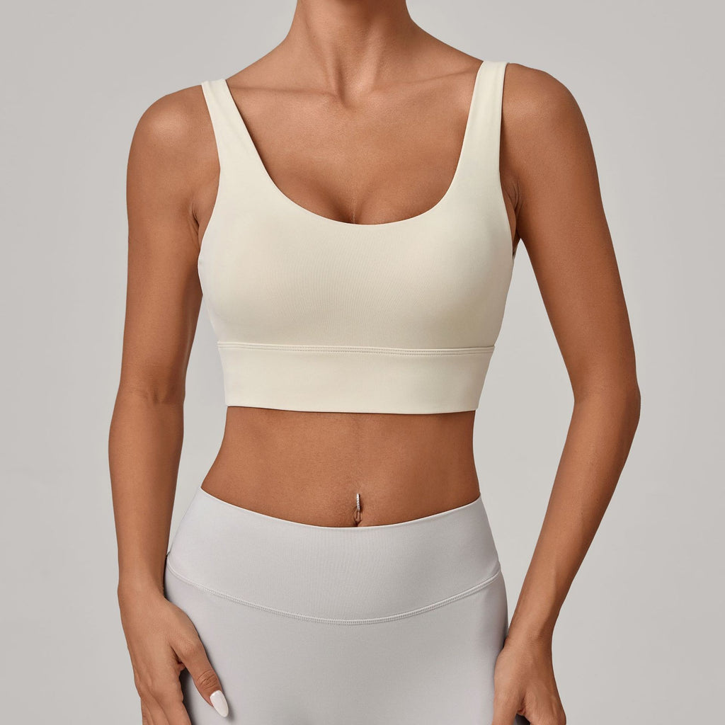 Deep U Back Wide Band Padded Yoga Sports Bra - Cream