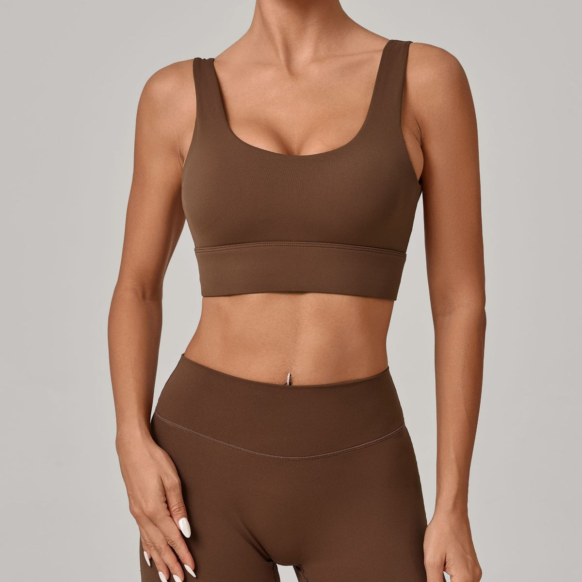 Deep U Back Wide Band Padded Yoga Sports Bra - Dark Brown
