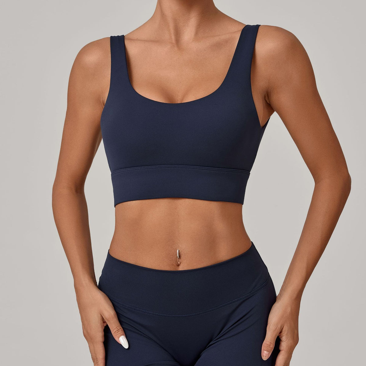 Deep U Back Wide Band Padded Yoga Sports Bra - Navy