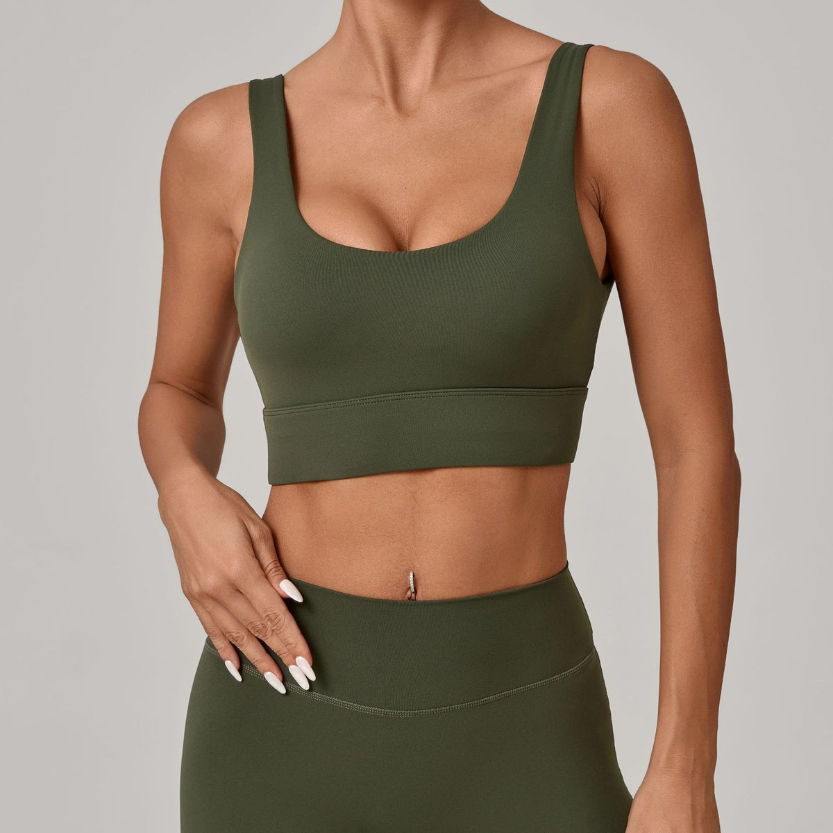 Deep U Back Wide Band Padded Yoga Sports Bra - Olive Green