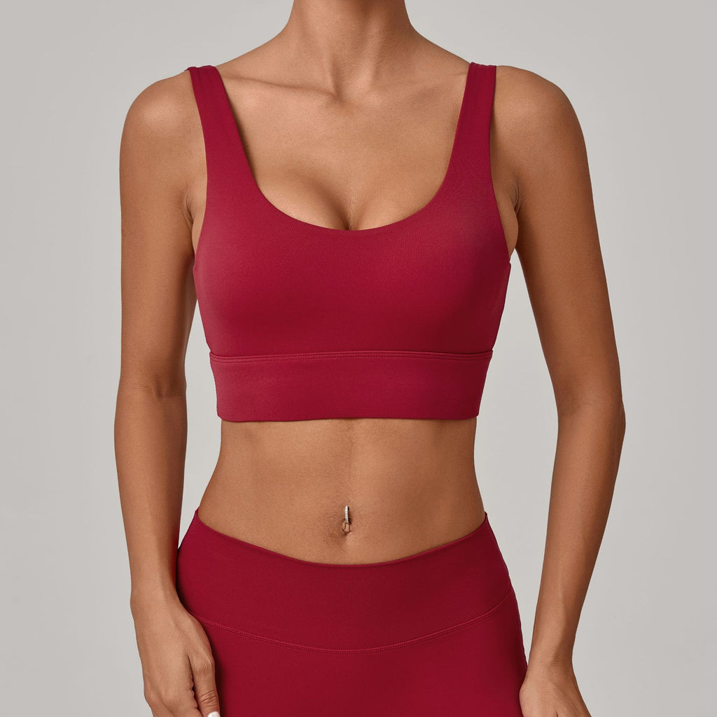 Deep U Back Wide Band Padded Yoga Sports Bra - Ruby Red
