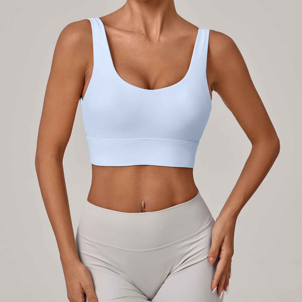 Deep U Back Wide Band Padded Yoga Sports Bra - Sky Blue