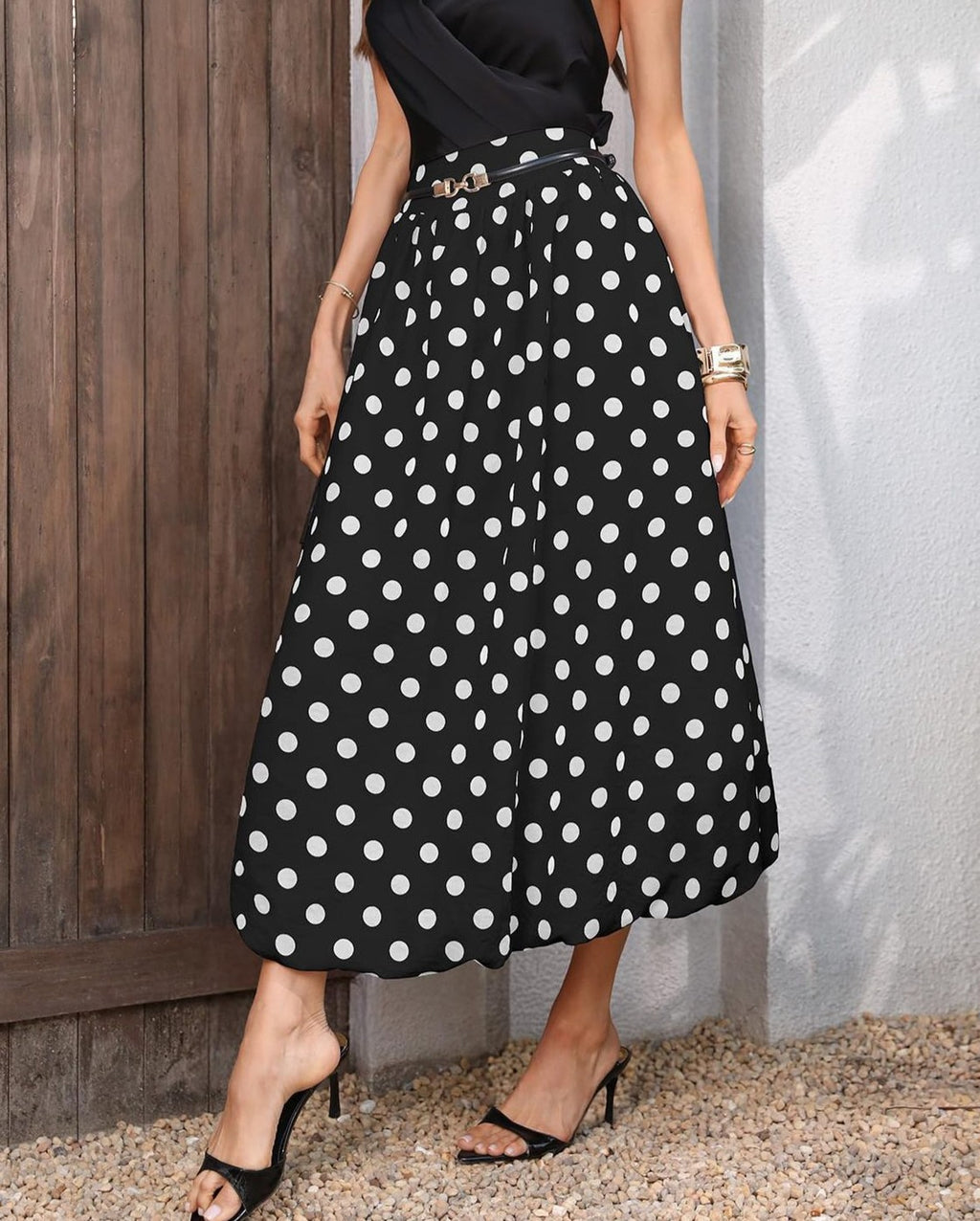 Polka Dot Elastic Waist Bubble Midi Skirt - Black