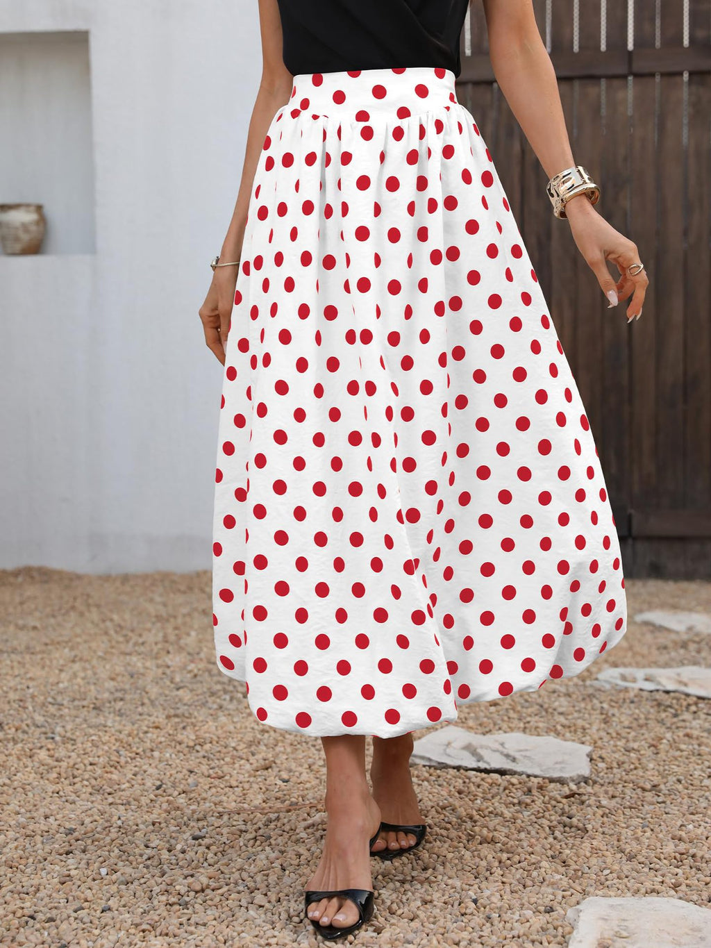Polka Dot Elastic Waist Bubble Midi Skirt - Red