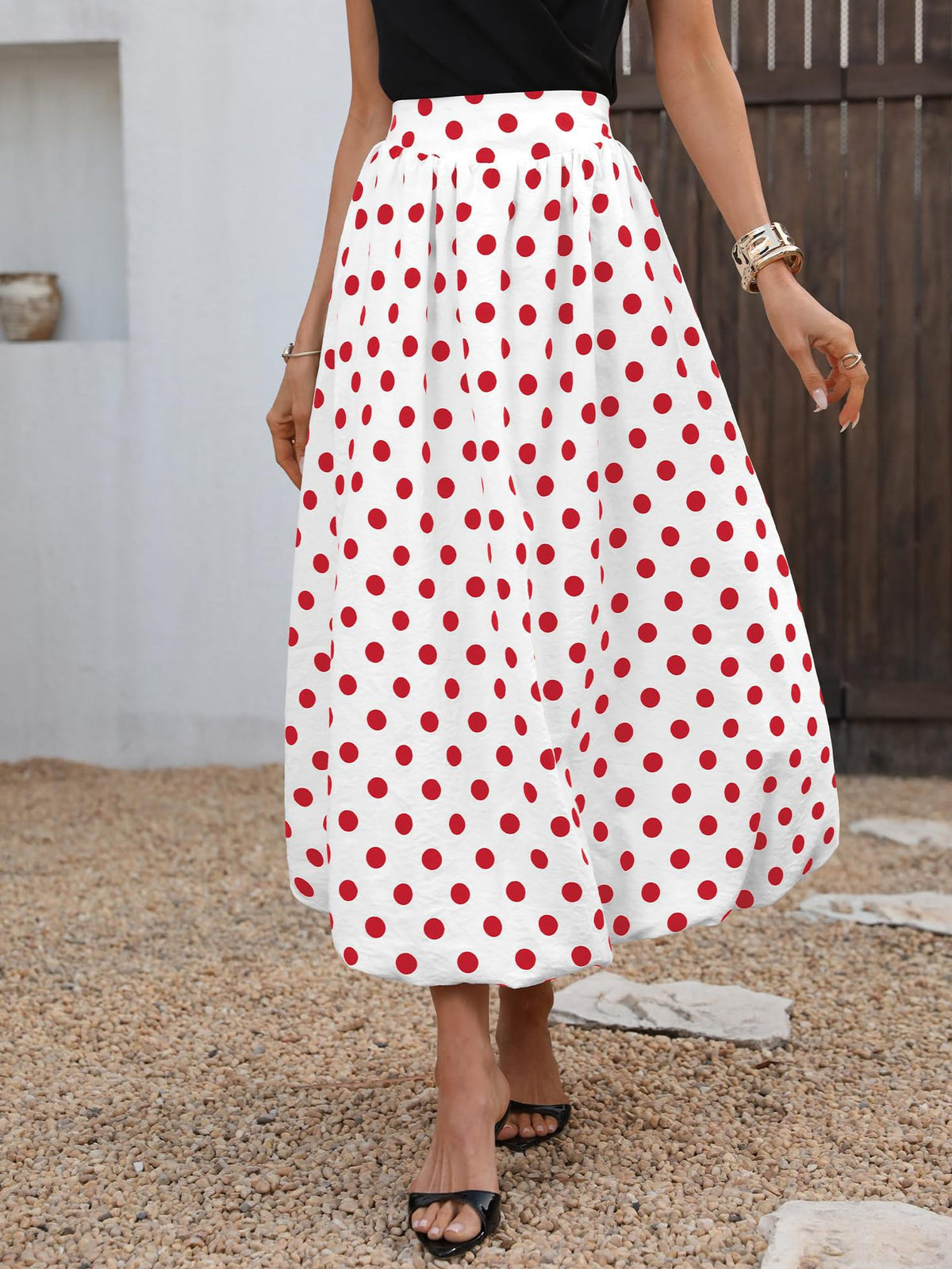 Polka Dot Elastic Waist Bubble Midi Skirt - Red