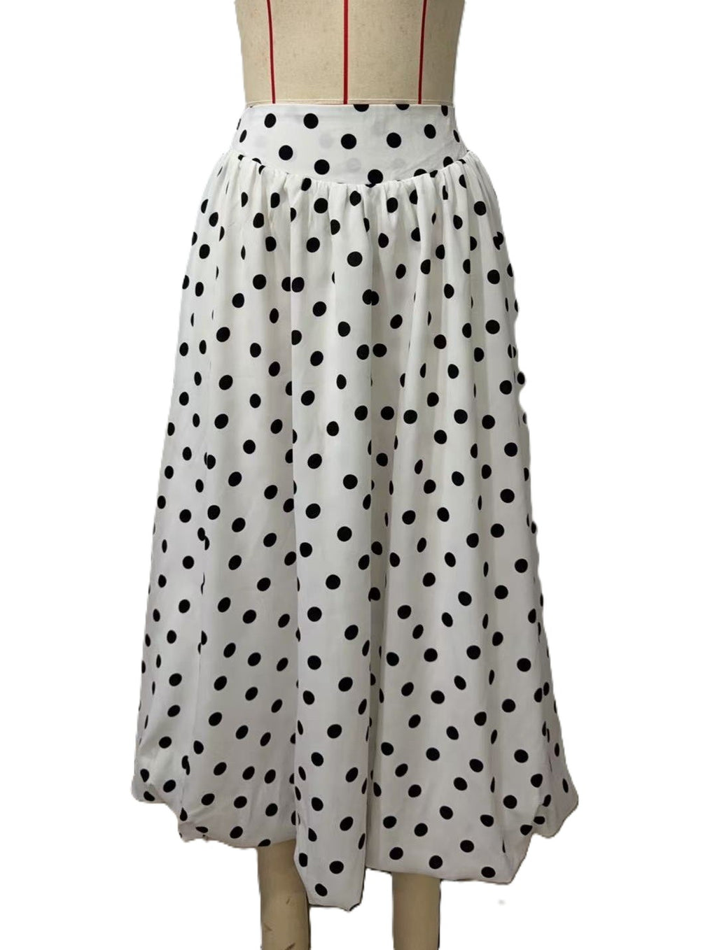 Polka Dot Elastic Waist Bubble Midi Skirt - White
