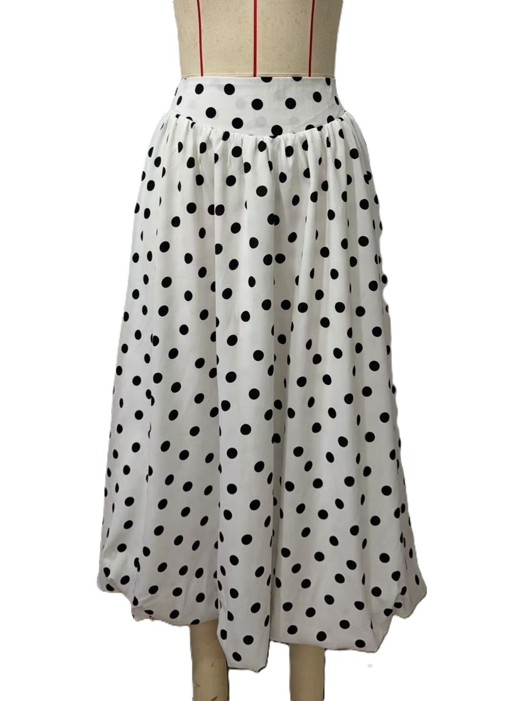 Polka Dot Elastic Waist Bubble Midi Skirt - White