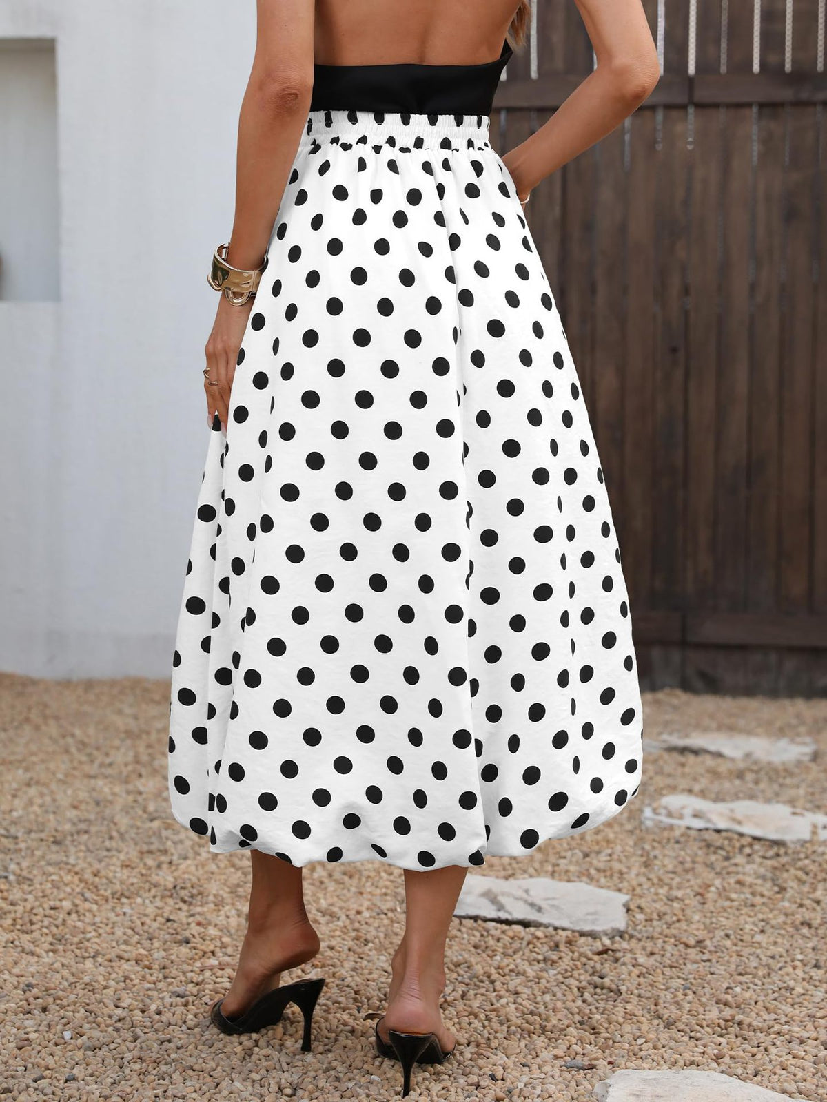Polka Dot Elastic Waist Bubble Midi Skirt - White - 2