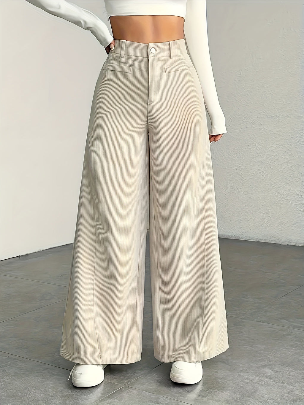 Wide Leg High Waist Textured Trousers - Apricot