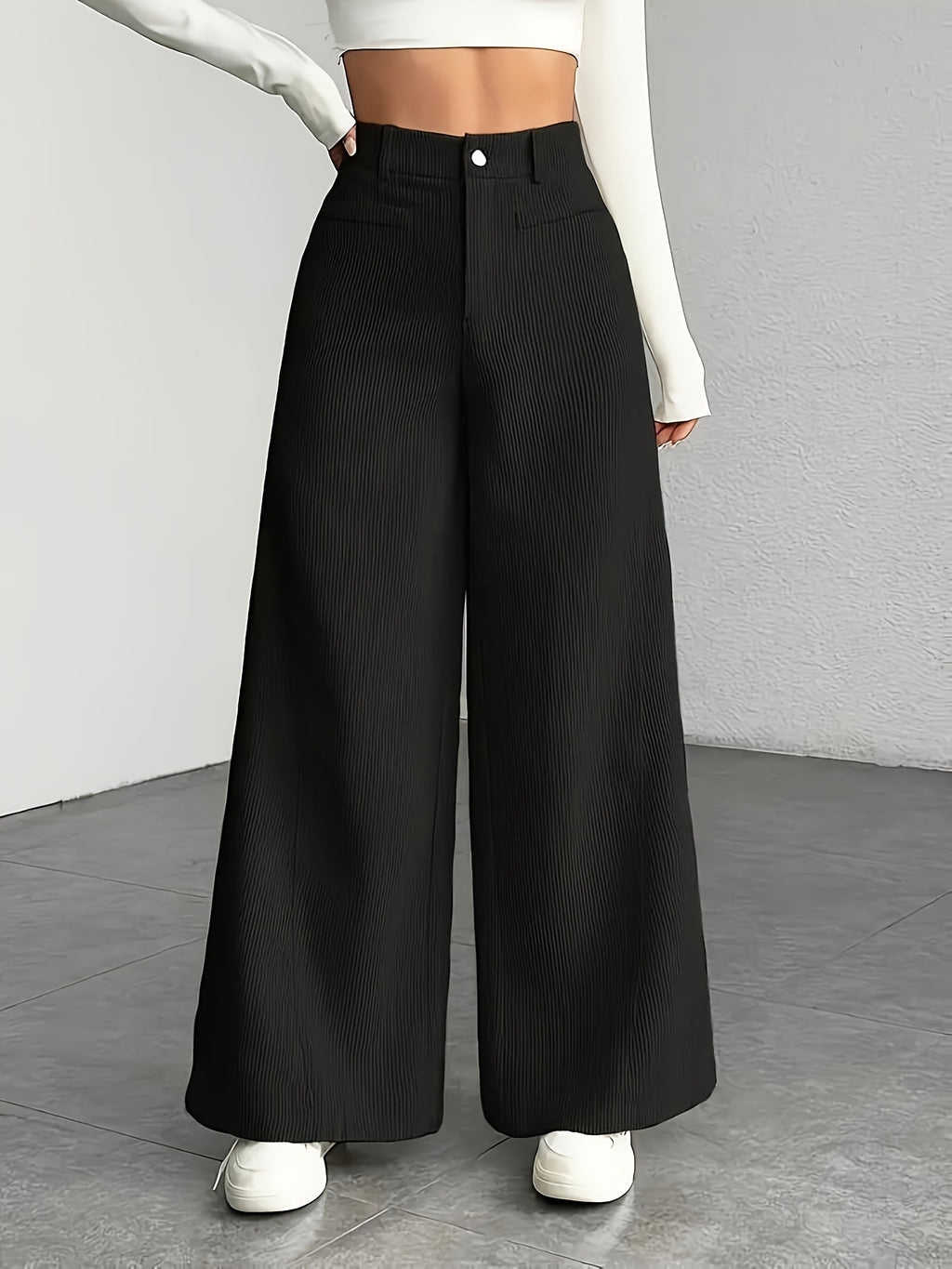 Wide Leg High Waist Textured Trousers - Black