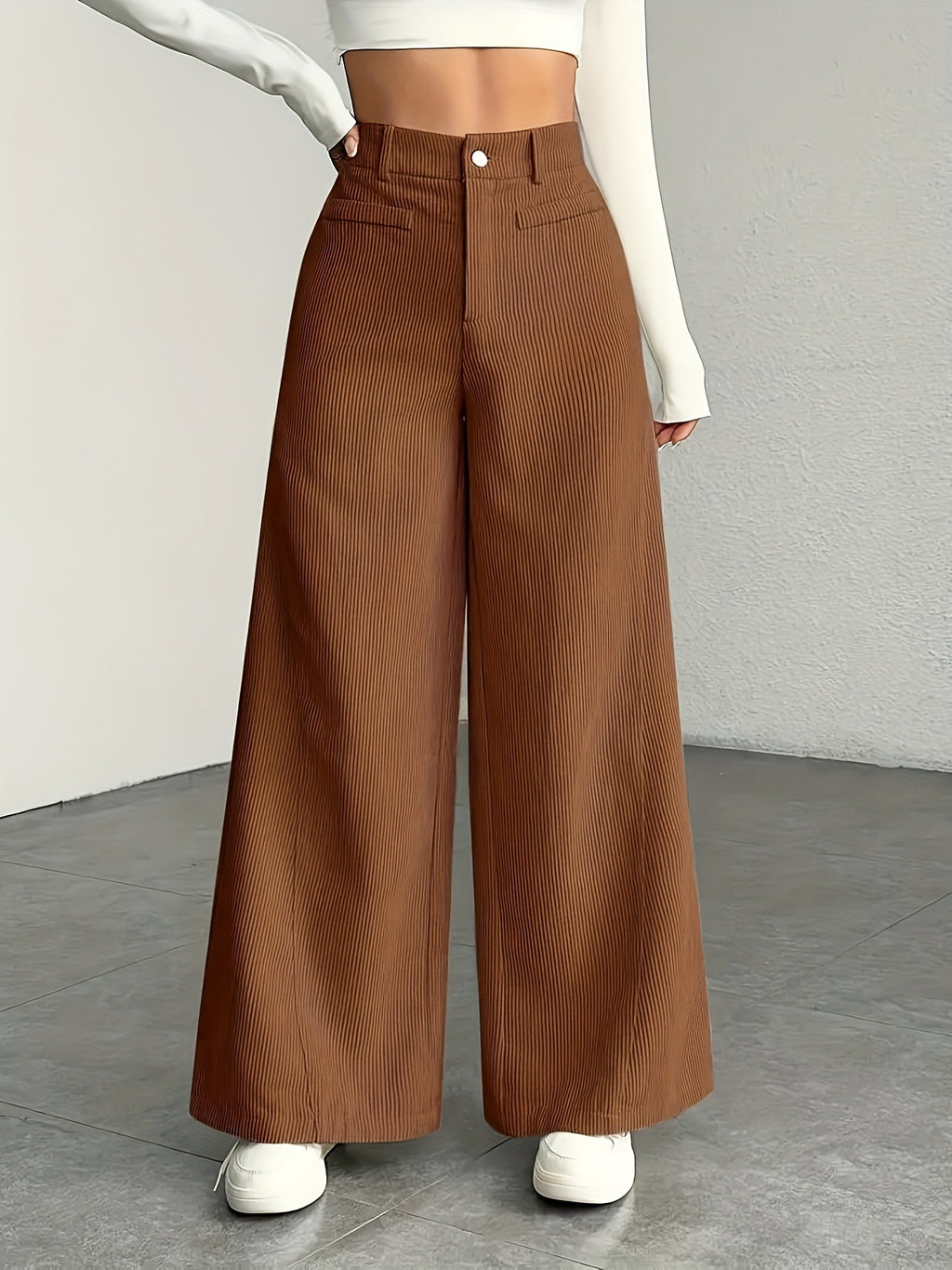Wide Leg High Waist Textured Trousers - Brown