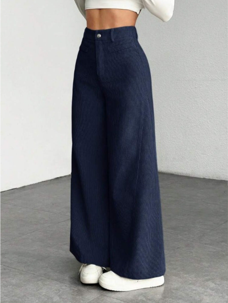 Wide Leg High Waist Textured Trousers - Navy