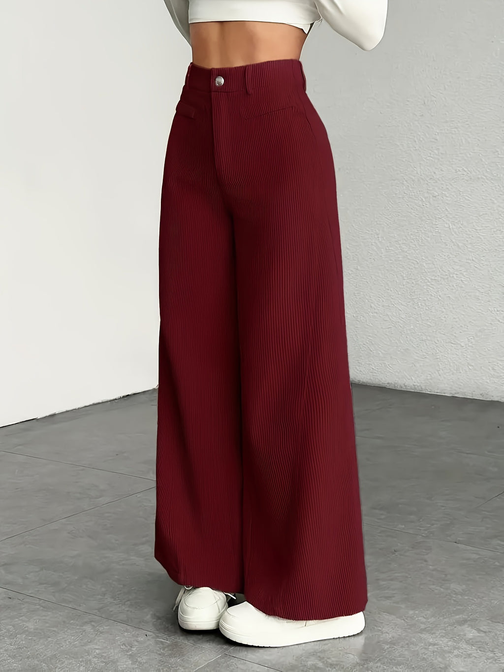 Wide Leg High Waist Textured Trousers - WineRed
