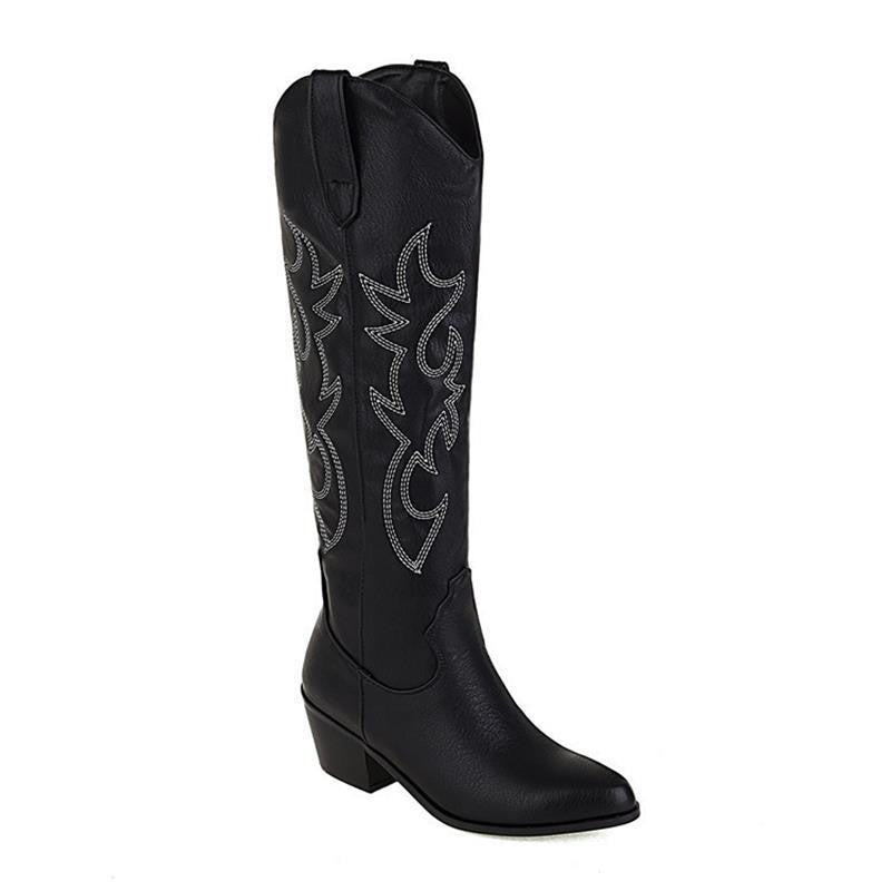 Embroidered Knee High Cowboy Boots with Block Heel - Black