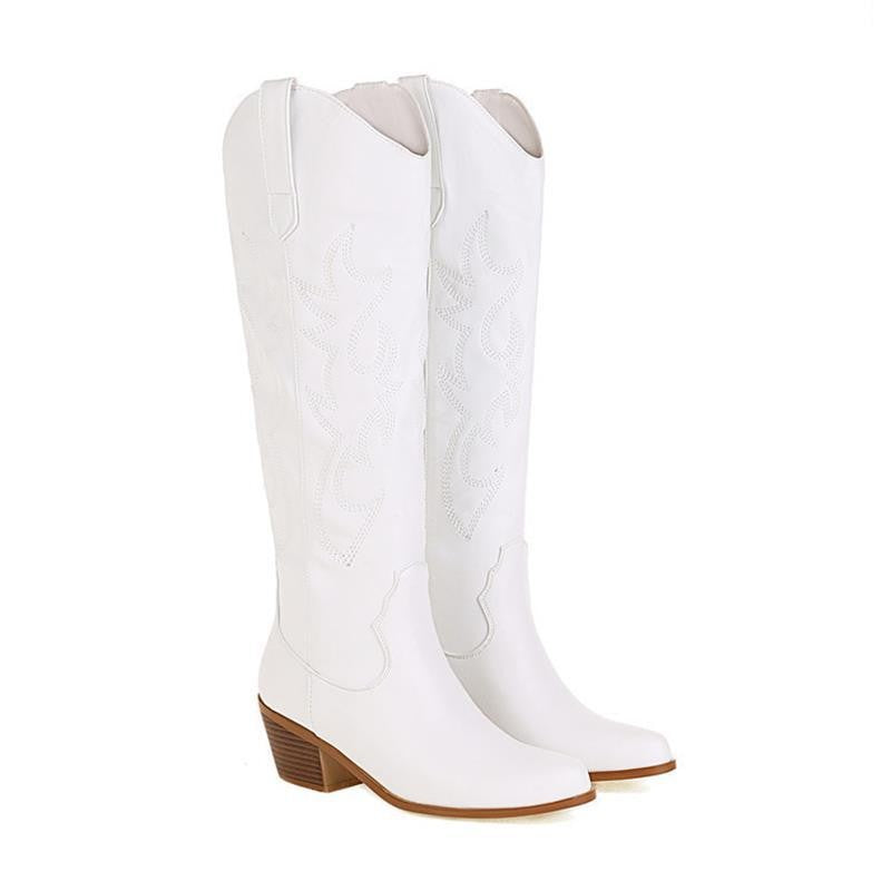 Embroidered Knee High Cowboy Boots with Block Heel - White