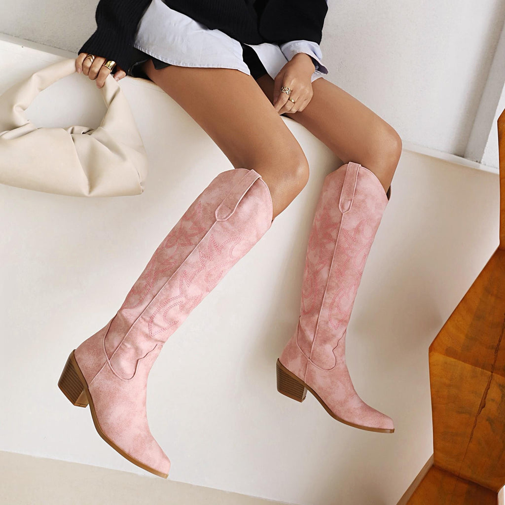 Embroidered Knee High Cowboy Boots with Block Heel