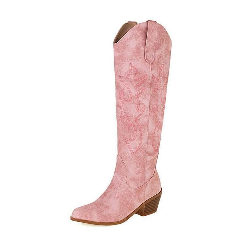 Embroidered Knee High Cowboy Boots with Block Heel