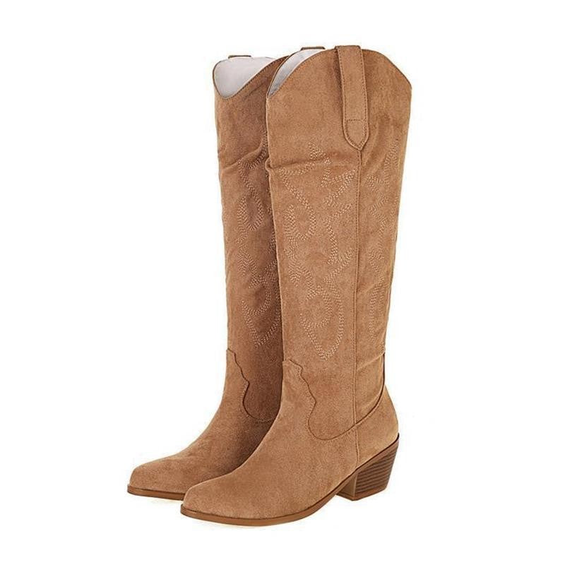 Embroidered Knee High Cowboy Boots with Block Heel