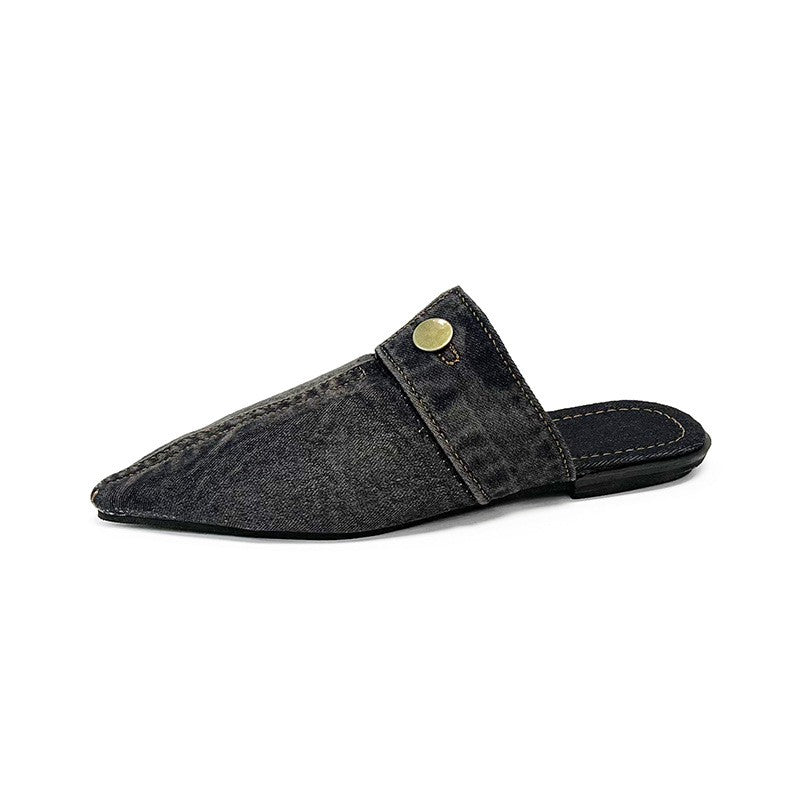 Pointed Toe Flat Mules with Button Tab - Black Denim