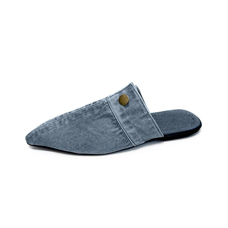 Pointed Toe Flat Mules with Button Tab - Light Blue