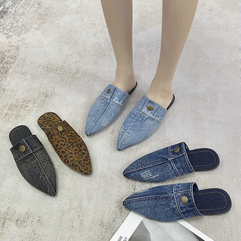 Pointed Toe Flat Mules with Button Tab