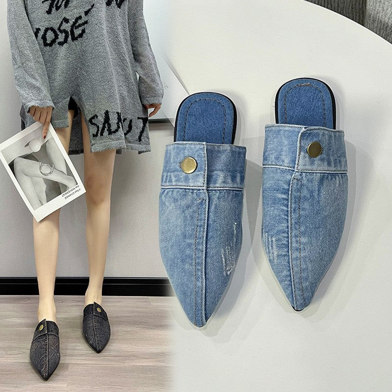 Pointed Toe Flat Mules with Button Tab