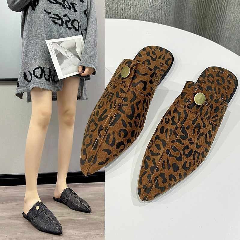 Pointed Toe Flat Mules with Button Tab