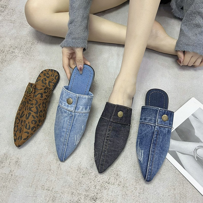 Pointed Toe Flat Mules with Button Tab
