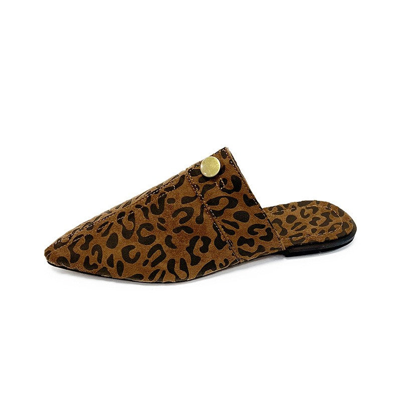 Pointed Toe Flat Mules with Button Tab