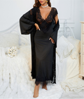 Lace Slip Nightgown and Sheer Robe Set - Black