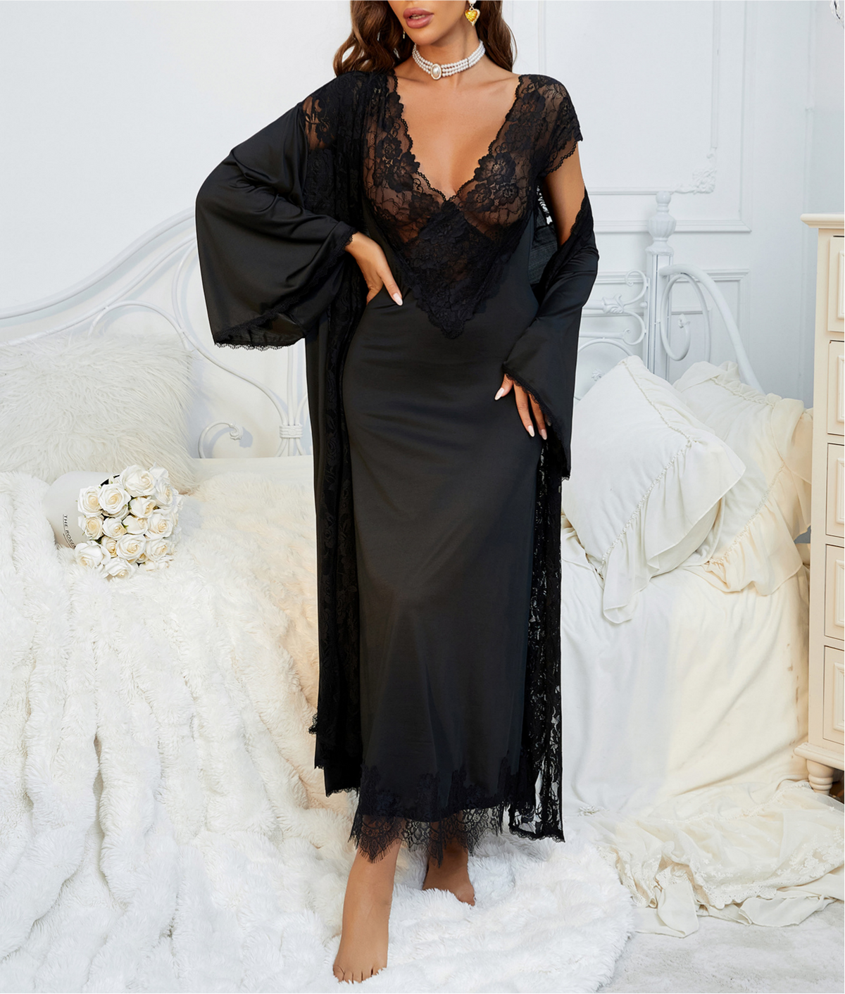 Lace Slip Nightgown and Sheer Robe Set - Black