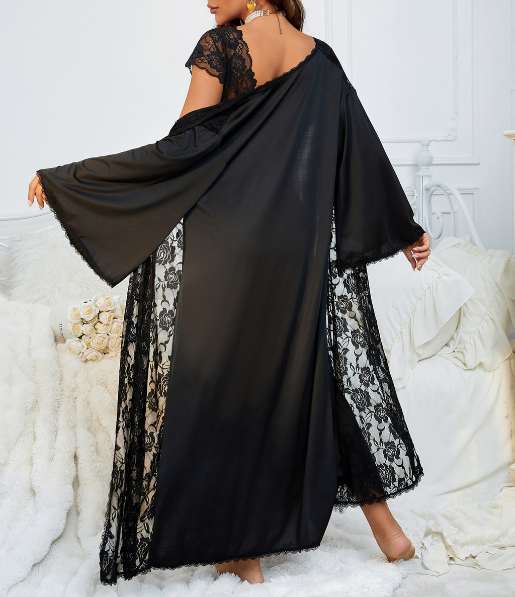 Lace Slip Nightgown and Sheer Robe Set - Black - 3