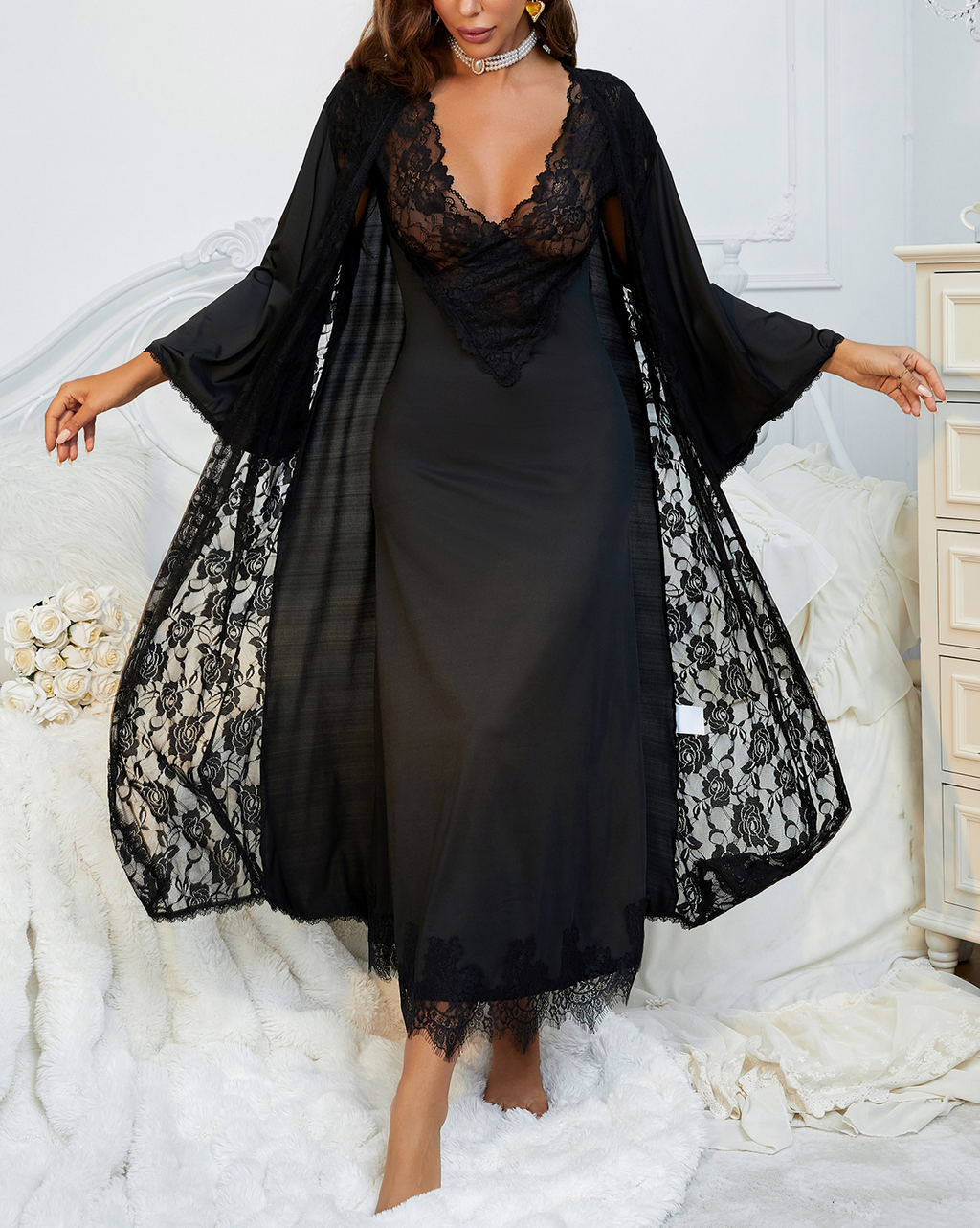 Lace Slip Nightgown and Sheer Robe Set - Black - 4