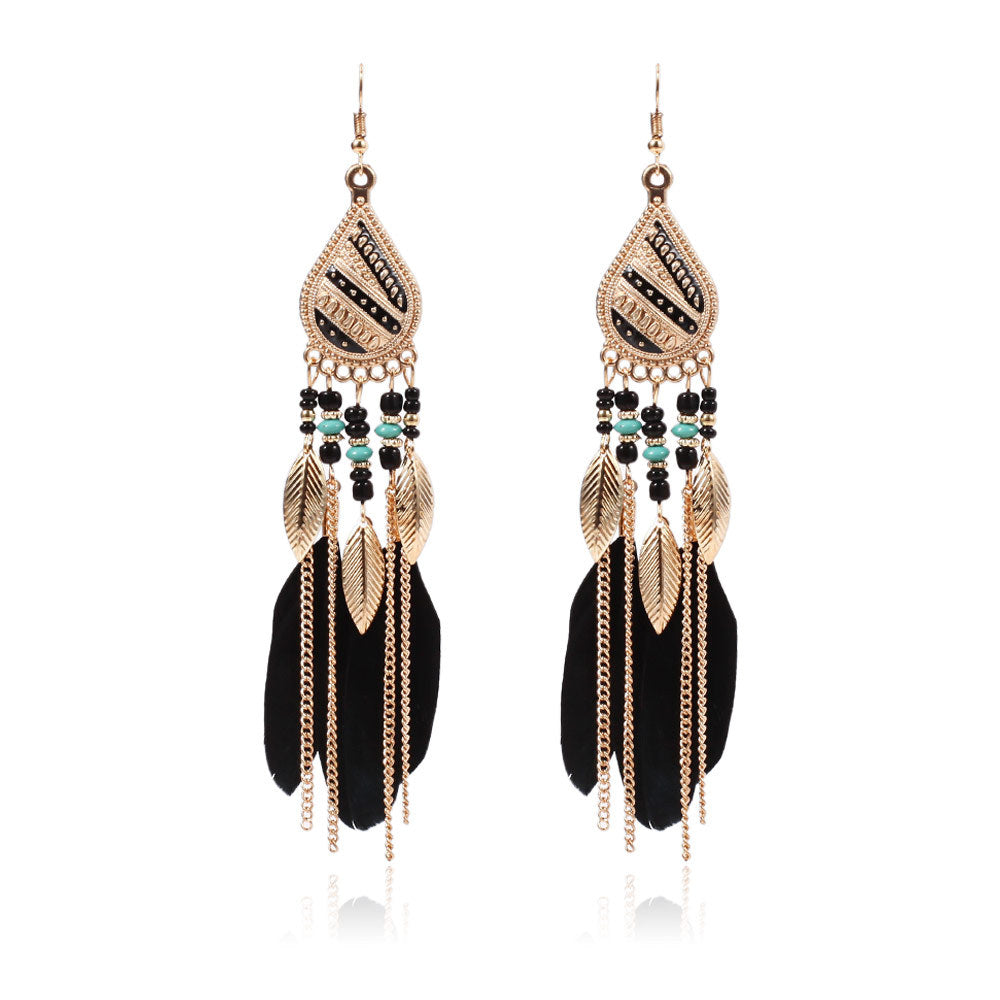 Boho Feather Tassel Statement Drop Earrings - Black