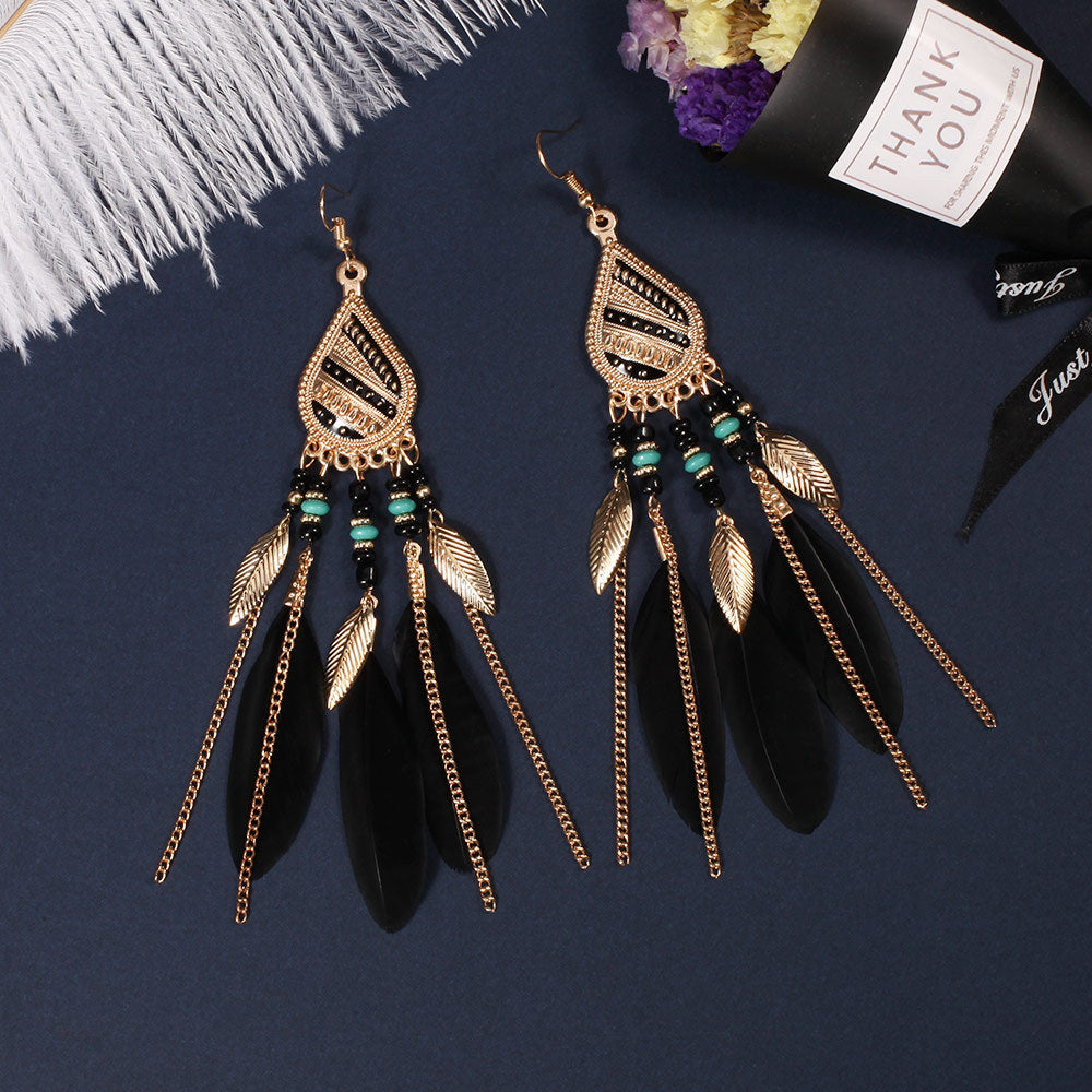Boho Feather Tassel Statement Drop Earrings - Black - 1