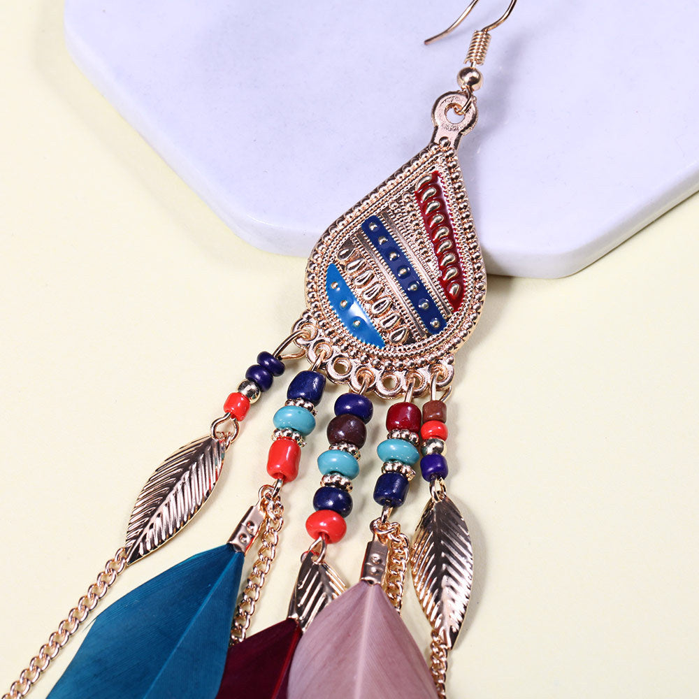 Boho Feather Tassel Statement Drop Earrings - Blue - 1