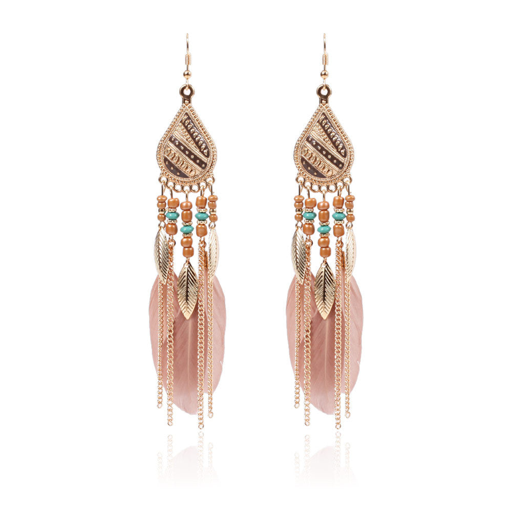 Boho Feather Tassel Statement Drop Earrings - Pink