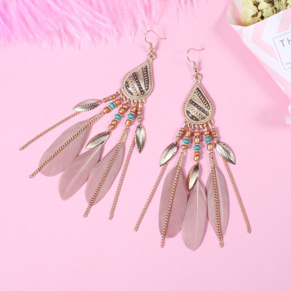 Boho Feather Tassel Statement Drop Earrings - Pink - 1