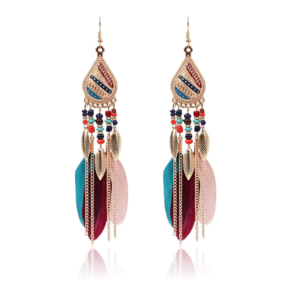 Boho Feather Tassel Statement Drop Earrings